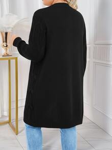 SHEIN LUNE CURVE Plus Size Casual Soft Form Twisted Rope Cable Knit Long Sleeve Cardigan Office Formal Vacation Black Autumn Work Outfits For Women Going Out Winter - Black - View 2