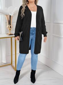 SHEIN LUNE CURVE Plus Size Casual Soft Form Twisted Rope Cable Knit Long Sleeve Cardigan Office Formal Vacation Black Autumn Work Outfits For Women Going Out Winter - Black - View 4