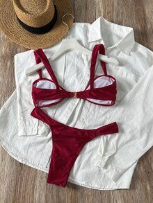 SHEIN Swim 2 件套女士夏季性感沙滩装纯色贝壳金属优雅度假酒红色比基尼套装 - 酒紅色 - 查看 2