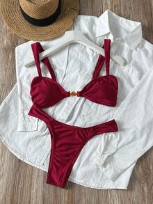 SHEIN Swim 2 件套女士夏季性感沙滩装纯色贝壳金属优雅度假酒红色比基尼套装 - 酒紅色 - 查看 5