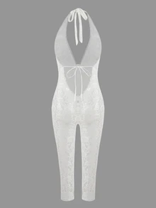 Sirith 女款新款掛脖白色蕾絲罩衫，性感露背蕾絲罩衫，女款海灘/海灘度假裝，透視白色蕾絲短褲罩衫，度假風，郵輪風，外出派對，夏季服裝/度假穿搭，嘉年華，節慶 - 白色 - 查看 5
