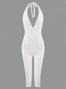 Sirith 女款新款掛脖白色蕾絲罩衫，性感露背蕾絲罩衫，女款海灘/海灘度假裝，透視白色蕾絲短褲罩衫，度假風，郵輪風，外出派對，夏季服裝/度假穿搭，嘉年華，節慶 - 白色 - 查看 4