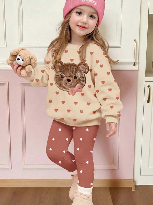Warm Yellow, Cute Sweet Girl Bow Bear Applique Embroidery Pattern, Young Girl Casual Soft Comfortable Loose Crew Neck Pullover Sweatshirt And Brushed Leggings 2 Pieces Set, Suitable For Autumn/Winter Daily, Campus, Halloween, Back To School, New Season, Sweet Girly