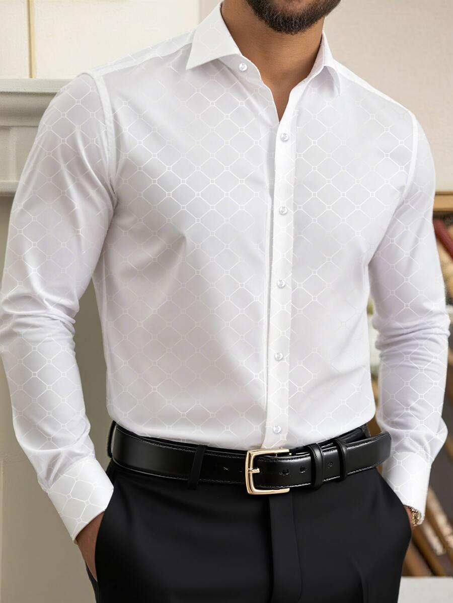 Manfinity Mode Men's White Long-Sleeve Shirt, Suitable For Business And Commuting.