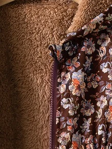 SHEIN Elladie kids 1件女童2025冬季新款復古卡其色花卉保暖內裡拉鍊連帽外套，彈性腰部，厚實保暖時尚戶外通勤百搭夾克 - 棕色 - 查看 4