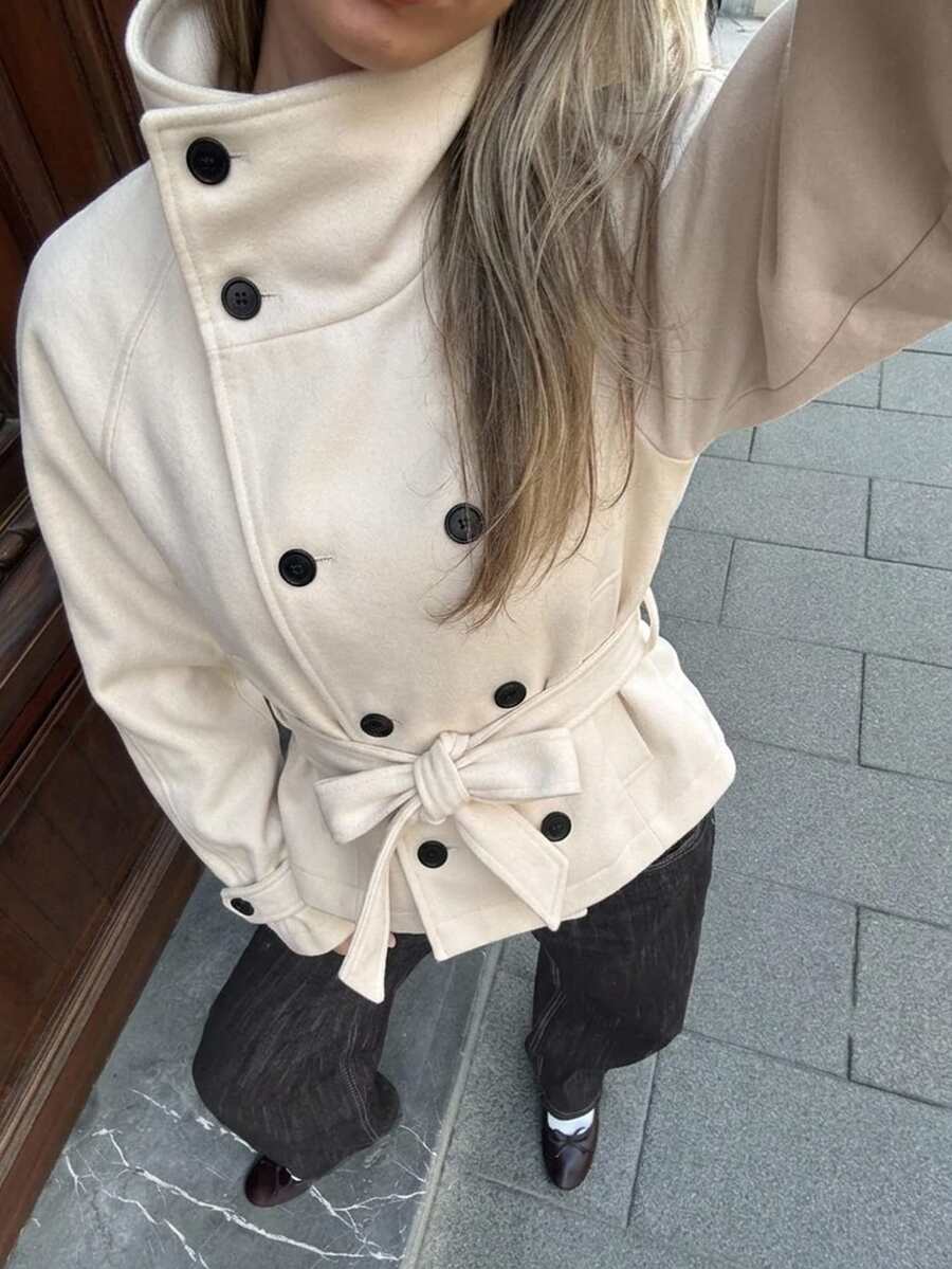 Muchica Autumn/Winter Fashion Belted Beige Overcoat - Apricot - View 1