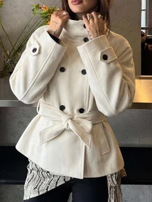 Muchica Autumn/Winter Fashion Belted Beige Overcoat - Apricot - View 8