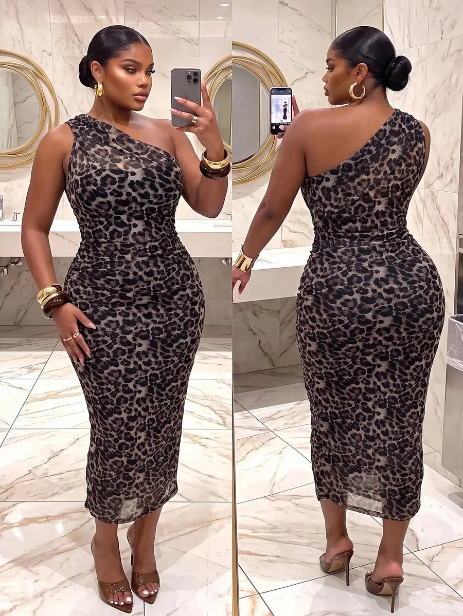 Slaydiva Plus Size Sexy Leopard Print One Shoulder Dress