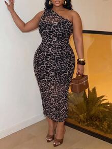 Slaydiva Plus Size Sexy Leopard Print One Shoulder Dress - Brown - View 8