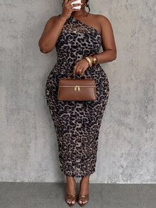 Slaydiva Plus Size Sexy Leopard Print One Shoulder Dress - Brown - View 10