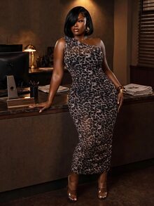Slaydiva Plus Size Sexy Leopard Print One Shoulder Dress - Brown - View 6