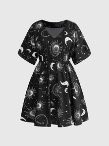 ROMWE Gothic Sun Moon Star Print Loose Plus Size Dress - Black - View 1