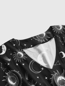 ROMWE Gothic Sun Moon Star Print Loose Plus Size Dress - Black - View 3