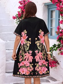 Miaspire 大尺碼女款花卉印花休閒日常夏季洋裝 - 黑色 - 查看 2