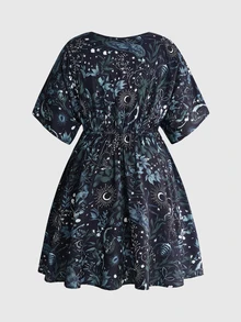 ROMWE Gothic Dark Horror Forest Skull Print Loose Plus Size Dress - Black - View 2