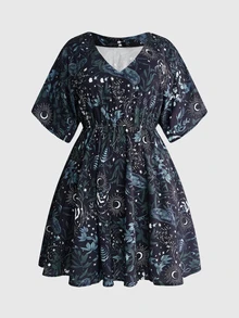 ROMWE Gothic Dark Horror Forest Skull Print Loose Plus Size Dress - Black - View 1