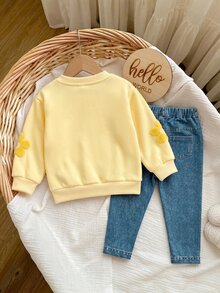 SHEIN Baby Girls 3D Flower Sweatshirt & Floral Autumn Pants Set - Yellow - View 6