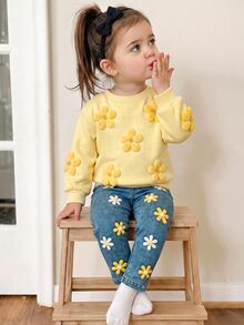 SHEIN Baby Girls 3D Flower Sweatshirt & Floral Autumn Pants Set - Yellow - View 4