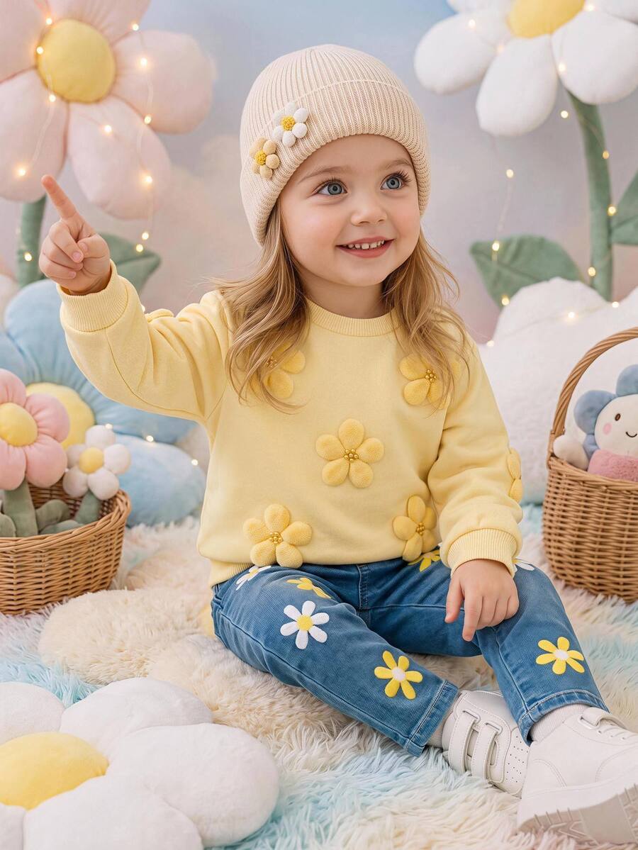 SHEIN Baby Girls 3D Flower Sweatshirt & Floral Autumn Pants Set - Yellow - View 1