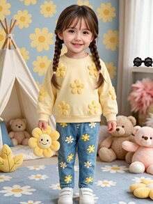 SHEIN Baby Girls 3D Flower Sweatshirt & Floral Autumn Pants Set - Yellow - View 2