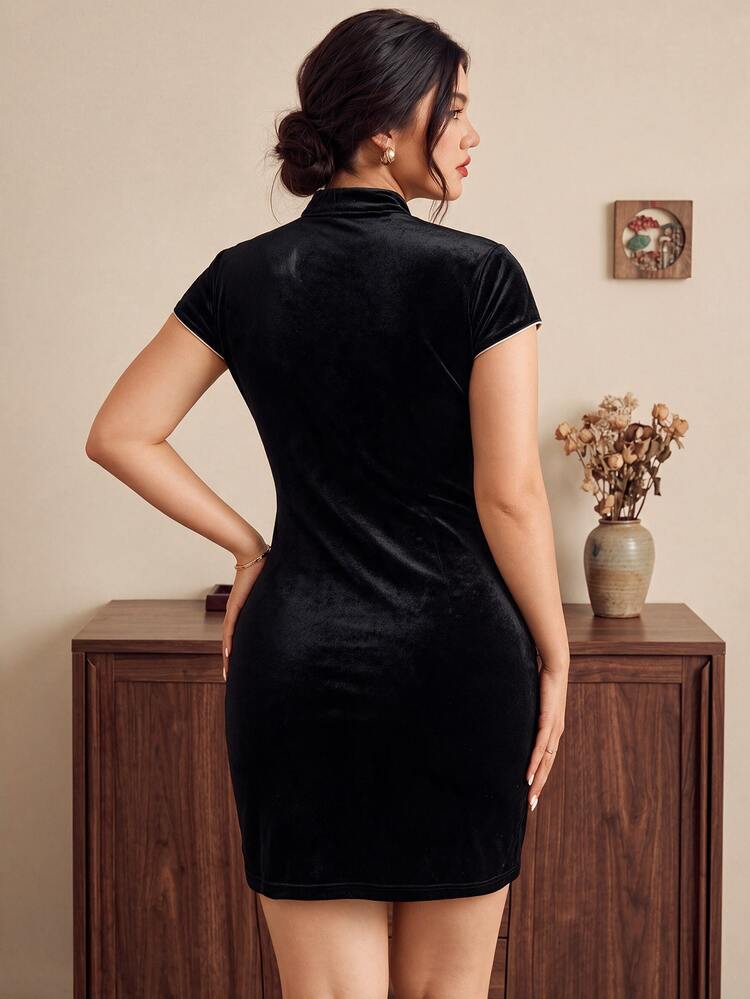EastFlair Plus Size Autumn Elegant Casual Frog Button Slit Dress Cocktail Party Black And White Fall/Winter - Black - View 7