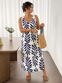 SHEIN Frenchy Plus Size Casual Vacation V-Neck Lace Patchwork Split Dress - Navy Blue - View 5