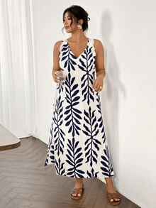 SHEIN Frenchy Plus Size Casual Vacation V-Neck Lace Patchwork Split Dress - Navy Blue - View 4
