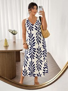 SHEIN Frenchy Plus Size Casual Vacation V-Neck Lace Patchwork Split Dress - Navy Blue - View 6