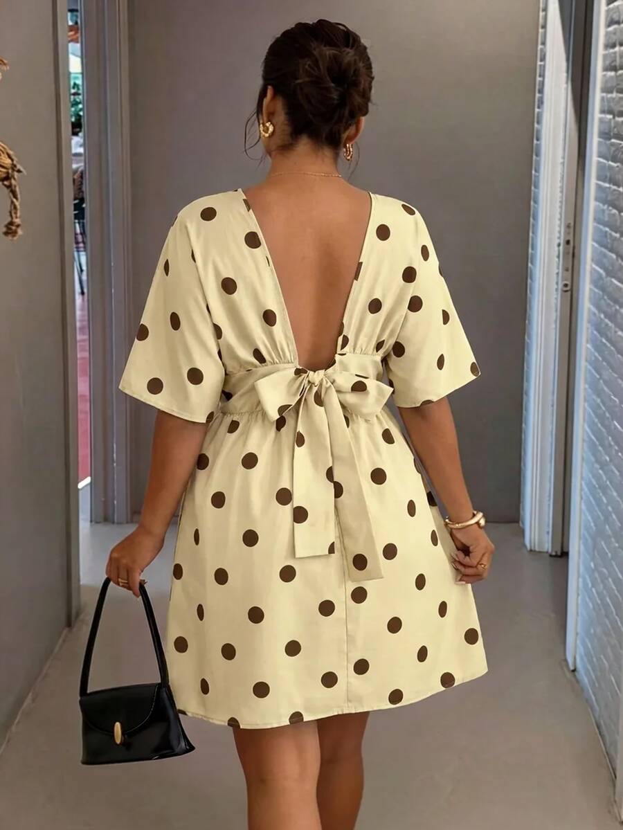 Lounesse Women's Plus Size Round Neck Back Tie Design Open Back White Casual Dress, 26 Spring/Summer Plus Size Dress, Daily Casual Plus Size Commute INS Hot-Selling Dress - Yellow - View 1