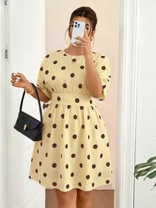 Lounesse Women's Plus Size Round Neck Back Tie Design Open Back White Casual Dress, 26 Spring/Summer Plus Size Dress, Daily Casual Plus Size Commute INS Hot-Selling Dress - Yellow - View 5