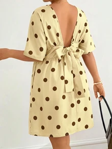 Lounesse Women's Plus Size Round Neck Back Tie Design Open Back White Casual Dress, 26 Spring/Summer Plus Size Dress, Daily Casual Plus Size Commute INS Hot-Selling Dress - Yellow - View 3