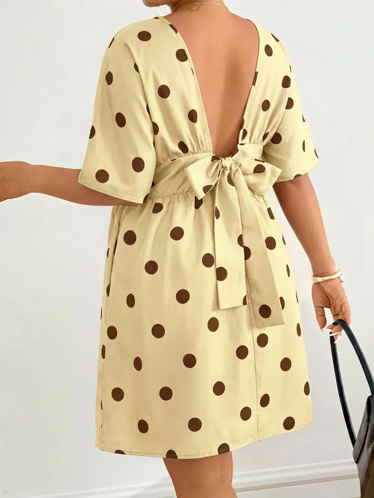 Lounesse Women's Plus Size Round Neck Back Tie Design Open Back White Casual Dress, 26 Spring/Summer Plus Size Dress, Daily Casual Plus Size Commute INS Hot-Selling Dress - Yellow - View 3