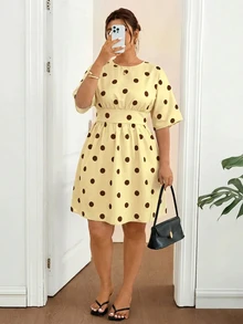 Lounesse Women's Plus Size Round Neck Back Tie Design Open Back White Casual Dress, 26 Spring/Summer Plus Size Dress, Daily Casual Plus Size Commute INS Hot-Selling Dress - Yellow - View 4