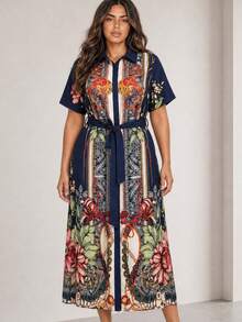 ELLERISSA Curve Elegant Navy Blue Floral Print Midi Shirt Dress For Women,Summer Boho Vacation Holiday Outfits,Plus Size Button Down Casual Dress - Blue - View 3