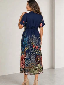 ELLERISSA Curve Elegant Navy Blue Floral Print Midi Shirt Dress For Women,Summer Boho Vacation Holiday Outfits,Plus Size Button Down Casual Dress - Blue - View 2
