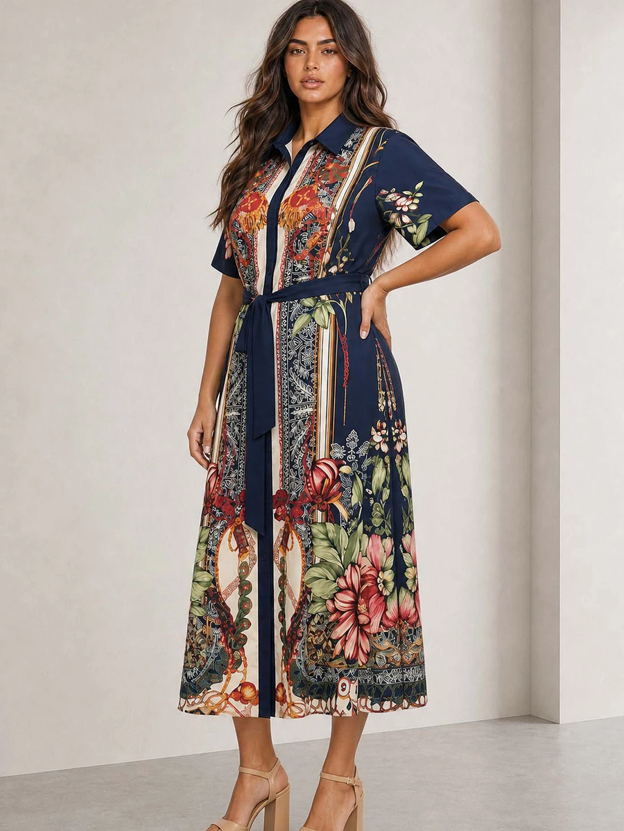 ELLERISSA Curve Elegant Navy Blue Floral Print Midi Shirt Dress For Women,Summer Boho Vacation Holiday Outfits,Plus Size Button Down Casual Dress - Blue - View 1
