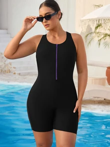 Swim SPRTY 大尺碼女款純色一件式挖背扣環運動街頭風嬉皮泳衣，適合海灘運動、海灘度假、騎單車，夏季黑色 - 紫色 - 查看 7