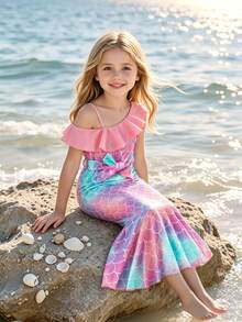 SHEIN Young Girls' Adorable Mermaid Patterned Ruffle Hem Fish Tail Dress Summer Holiday - Multicolor - View 6