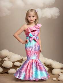 SHEIN Young Girls' Adorable Mermaid Patterned Ruffle Hem Fish Tail Dress Summer Holiday - Multicolor - View 7