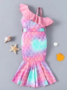 SHEIN Young Girls' Adorable Mermaid Patterned Ruffle Hem Fish Tail Dress Summer Holiday - Multicolor - View 3