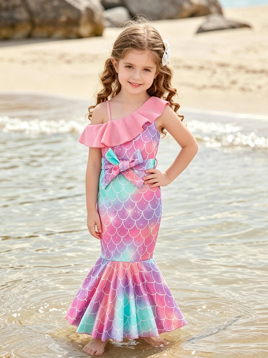 SHEIN Young Girls' Adorable Mermaid Patterned Ruffle Hem Fish Tail Dress Summer Holiday