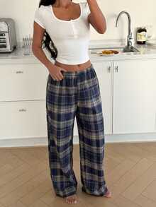 ZzzCrew 2pcs Sexy Crop Top With Square Neck And Plaid Pants Pajama Set - Blue - View 5