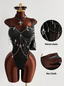 Sunspun Plus Size Women's Fitted Sexy Spaghetti Strap Chain Decor Bodysuit, Suitable For Music Festivals, Spring/Summer Wear - Black - View 1