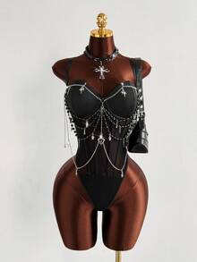 Sunspun Plus Size Women's Fitted Sexy Spaghetti Strap Chain Decor Bodysuit, Suitable For Music Festivals, Spring/Summer Wear - Black - View 5