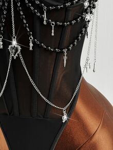 Sunspun Plus Size Women's Fitted Sexy Spaghetti Strap Chain Decor Bodysuit, Suitable For Music Festivals, Spring/Summer Wear - Black - View 4