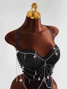 Sunspun Plus Size Women's Fitted Sexy Spaghetti Strap Chain Decor Bodysuit, Suitable For Music Festivals, Spring/Summer Wear - Black - View 3