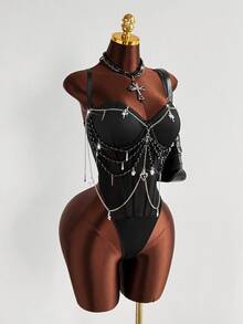 Sunspun Plus Size Women's Fitted Sexy Spaghetti Strap Chain Decor Bodysuit, Suitable For Music Festivals, Spring/Summer Wear - Black - View 6
