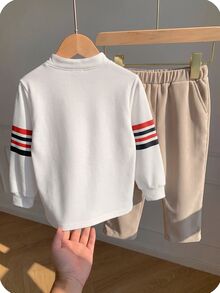 SHEIN 兒童小男孩/小男孩中性款 2件組秋冬休閒學院風菱格紋長袖 Polo 衫與燈芯絨長褲套裝，男孩秋冬服飾套裝，柔軟舒適，復古風格，返校季 - 彩色 - 查看 2