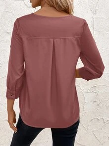 SHEIN Clasi Women Plain Round Neck Short Sleeve Front Button Simple Casual Blouse, For Everyday Wear - Dusty Pink - View 2