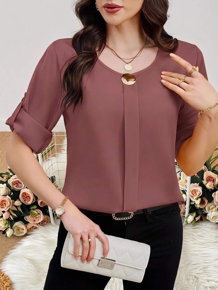 SHEIN Clasi Women Plain Round Neck Short Sleeve Front Button Simple Casual Blouse, For Everyday Wear - Dusty Pink - View 1